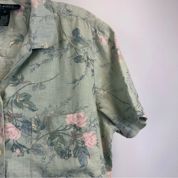 Lauren Ralph Lauren Mint Green Floral Tropical Linen Top Women’s Size Small - Picture 9 of 14